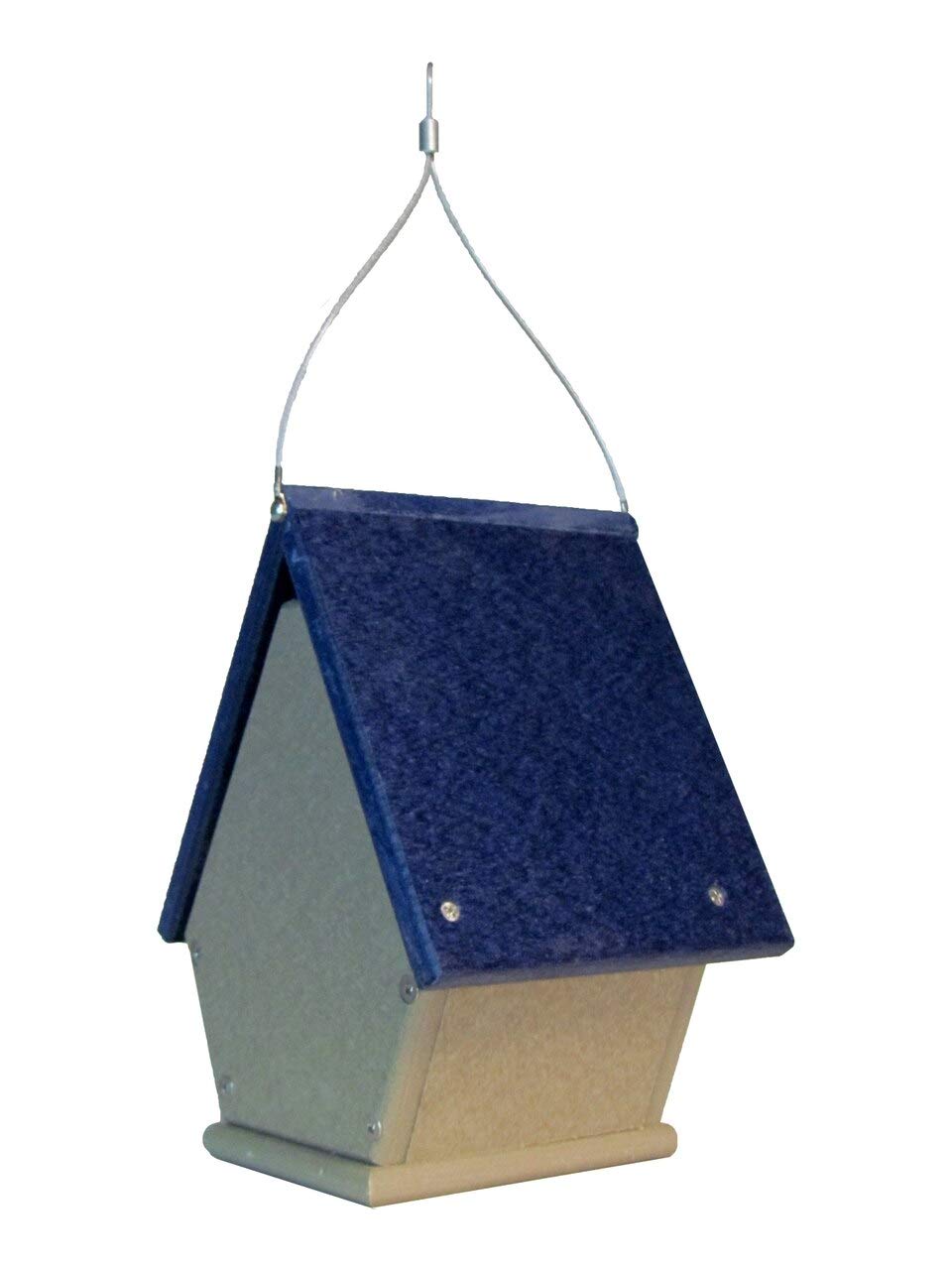 Recycled plastic birdhouse featuring a dark blue roof, tan body, and silver hanging wire against a white background
