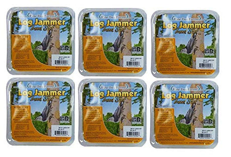 Pine Tree Farms Log Jammer Insect Suet six-pack showing a white-breasted nuthatch on a tree with suet cakes, featuring vibrant orange packaging and a detailed bird illustration against a bright green background
