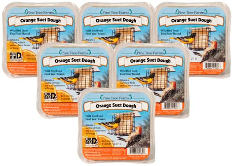 Pine Tree Farms product photography showing six packages of orange suet dough featuring a Baltimore oriole and a downy woodpecker near a bird feeder against a blue sky with vibrant orange and yellow hues