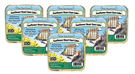 Pine Tree Farms Sunflower Heart Suet Cakes showing a yellow-bellied sapsucker at a bird feeder with sunflowers and a blue background