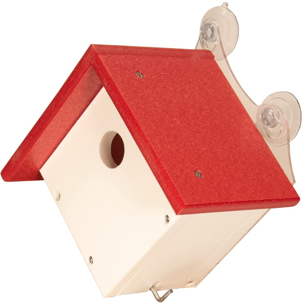 JCS Wildlife Recycled Poly Lumber Window-Mount Wren House in red and white for attracting nesting birds.