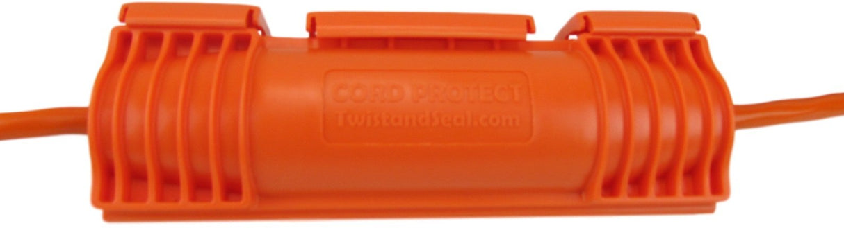 Product shot of a bright orange TwoStrandSeal Cord Protect, showcasing its ribbed design, secure locking clips, and embossed branding