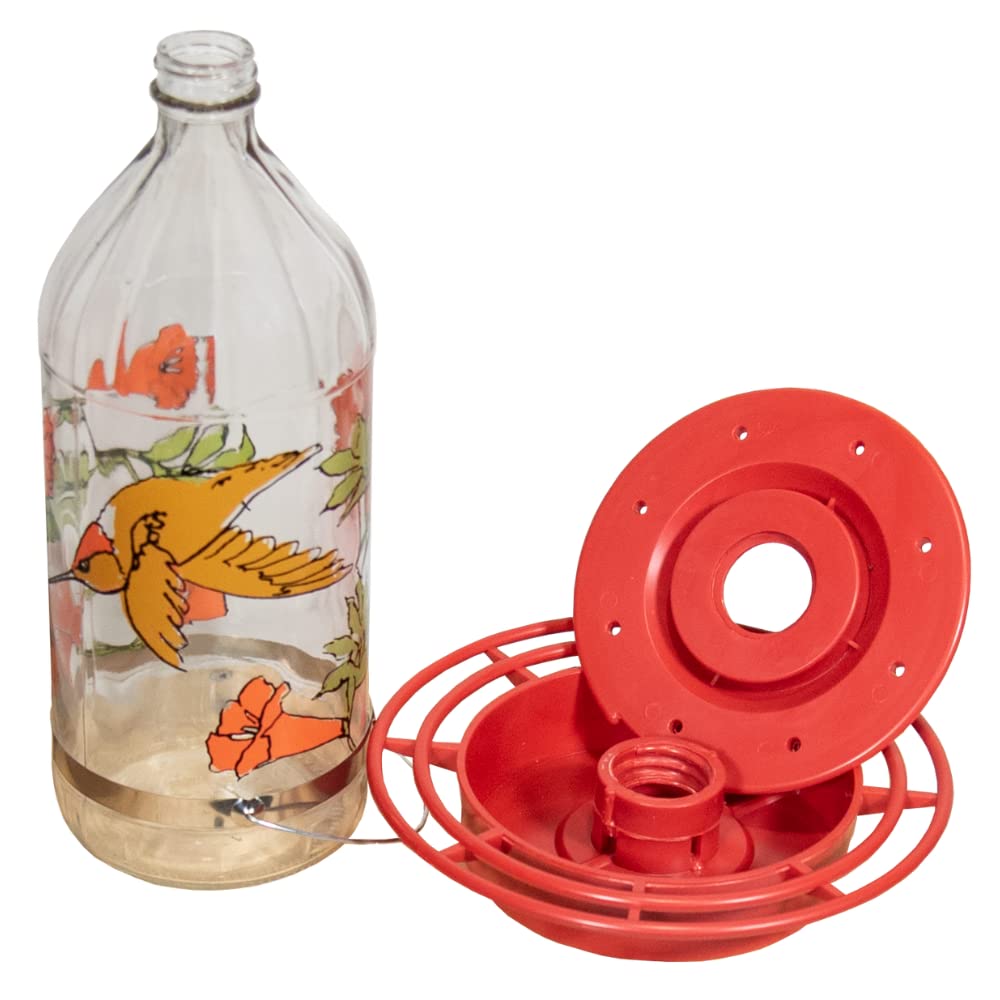 Best-1 Rufous Art Hummingbird Feeder glass bottle and red base, 32 oz with vibrant flower design.