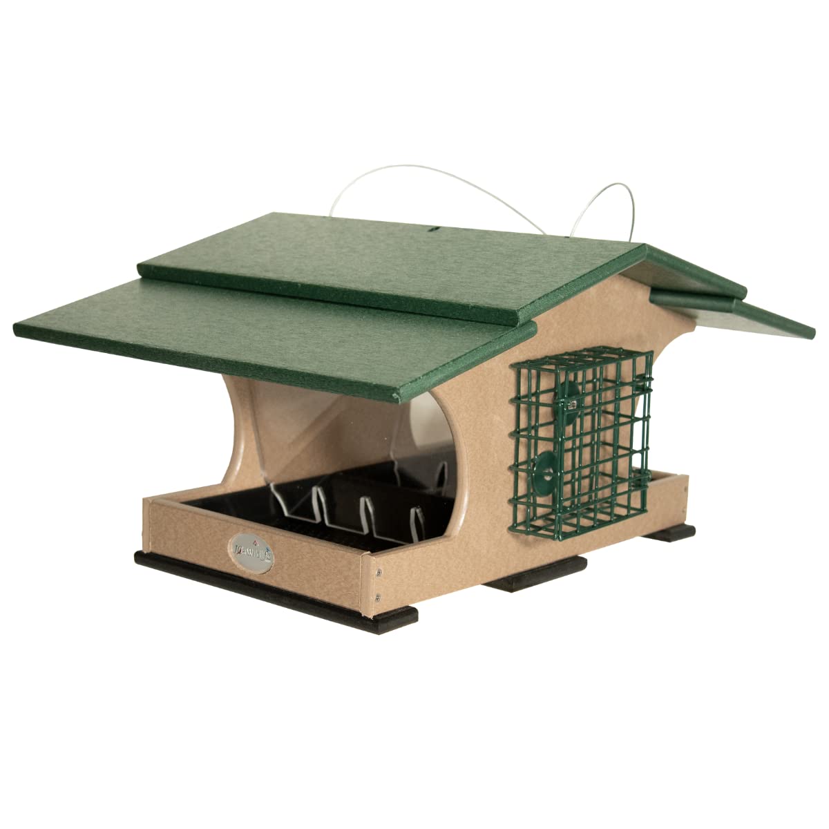 JCS Wildlife Hopper and Suet Feeder with green roof, multiple feeding options, and sturdy construction for outdoor use.