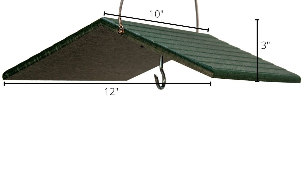Diagram showing a 12x10 inch green plastic bird feeder with a metal hook and textured surface featuring a sloping design and wire hangers