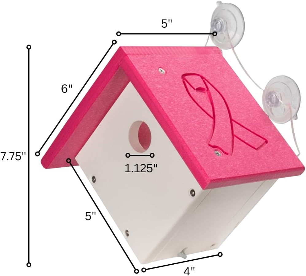 Annie's Breast Cancer Collection pink birdhouse with ribbon, 7.75x6x5 inches, symbol of support and remembrance.