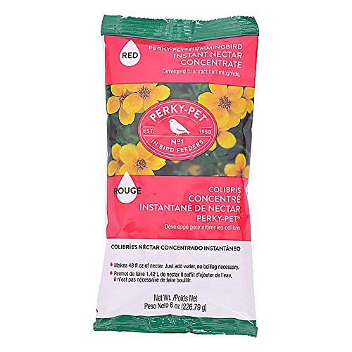 Perky Pet Instant Hummingbird Nectar Concentrate 8oz package, makes 48oz nectar for attracting hummingbirds.
