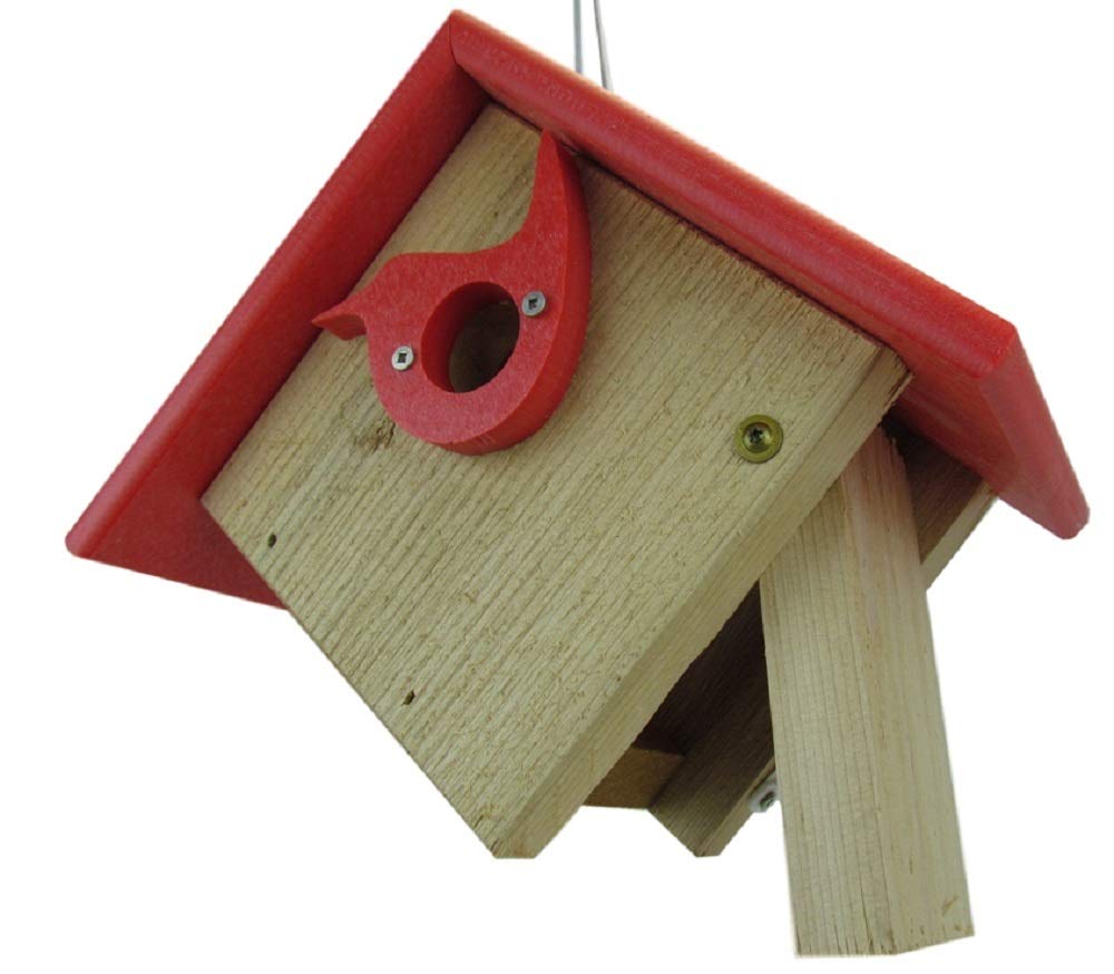 Wooden birdhouse with bright red roof and bird-shaped entrance hole featuring brass screws and natural wood grain