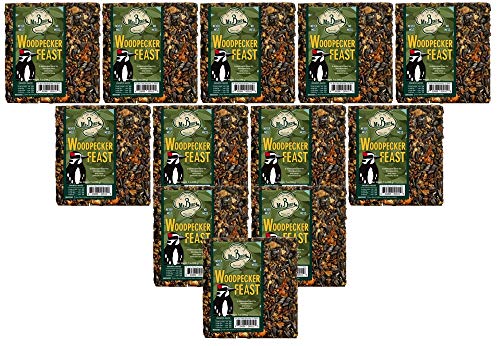 Twelve blocks of Mr. Bird's Woodpecker Feast birdseed showing a woodpecker, various seeds, and nuts in shades of brown, black and orange