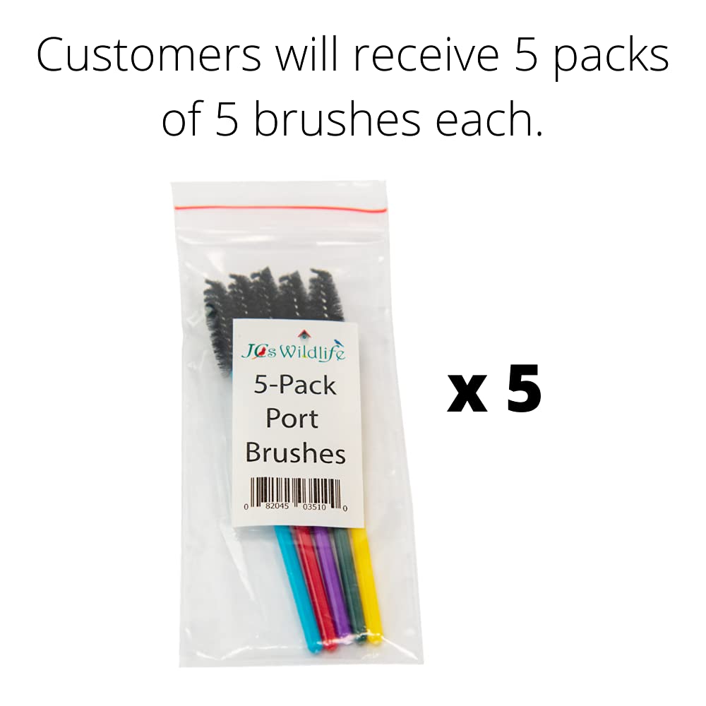 Product shot of five JQ's Wildlife 5-pack Port Brushes in a clear plastic bag featuring teal, red, purple, and yellow handles with black bristles