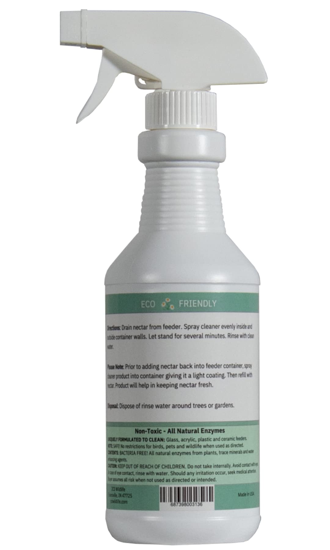 JCS Wildlife Hummingbird & Oriole Feeder Cleaner bottle with spray nozzle, eco-friendly formula for bird feeders.