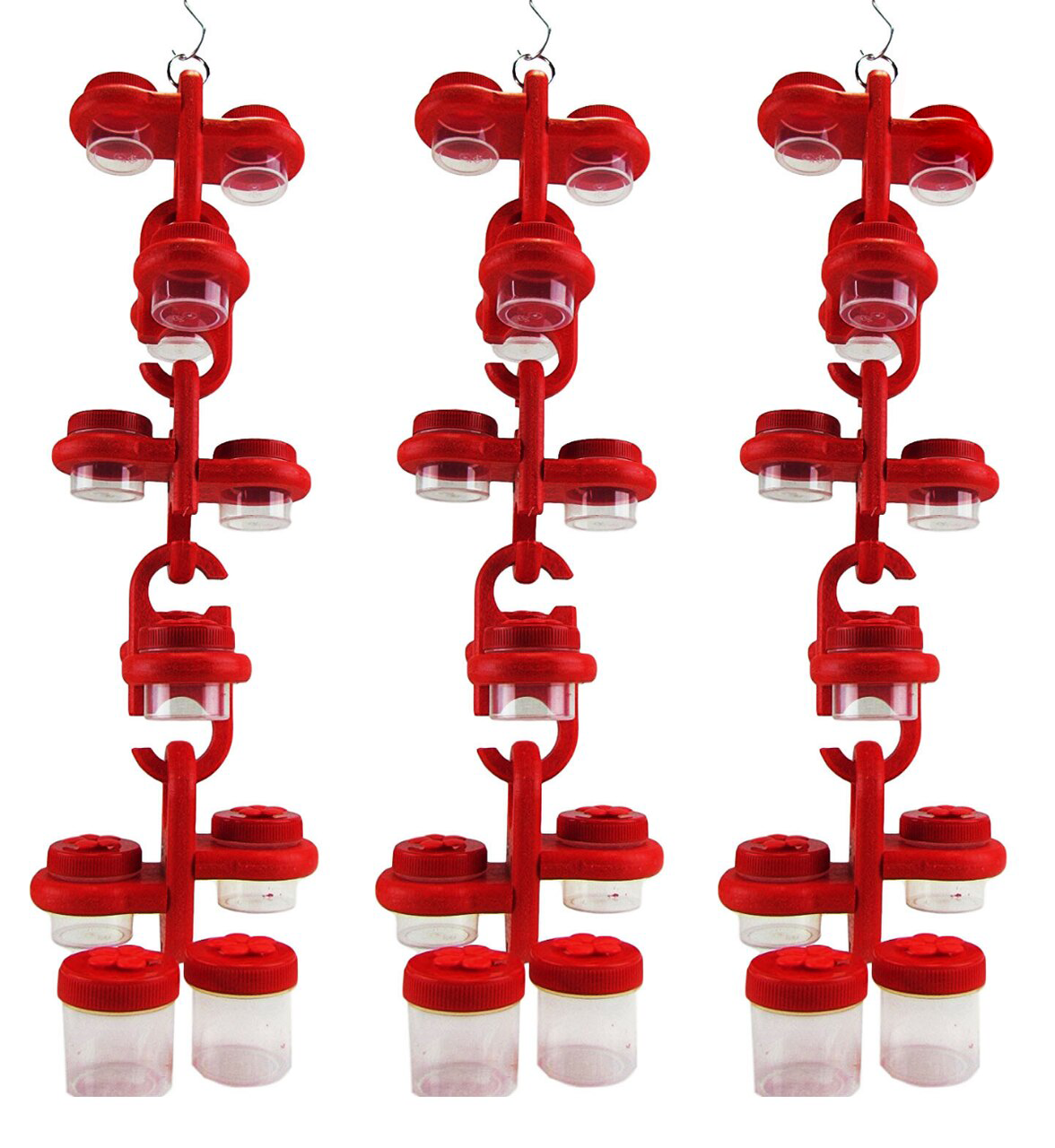 Product image showing three red plastic hummingbird feeders with multiple clear jars and red lids hanging on a white background