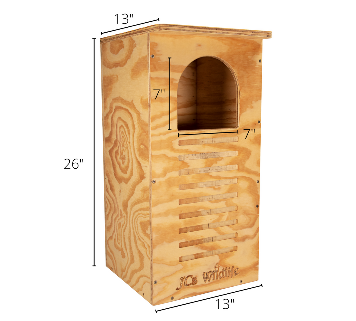 JCS Wildlife wooden birdhouse showing a 7 inch arched entrance  and  horizontal ventilation slots against a white background with dimensions marked