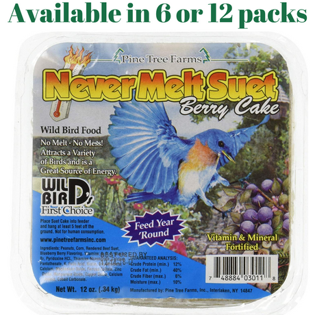 Pine Tree Farms Never Melt Suet Berry Cake in 12 oz package, available in 6 or 12 packs, ideal for wild birds.
