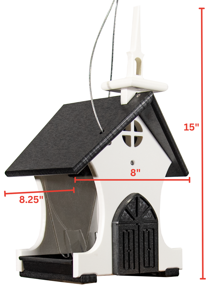 Plastic bird feeder shaped like a church with a dark gray roof steeple and arched doorway featuring a gray translucent seed tray and black accents