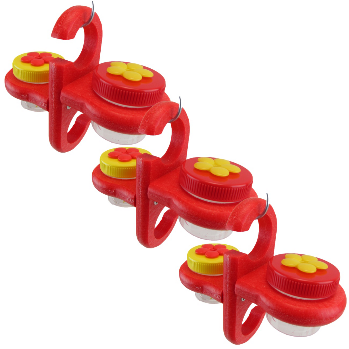 Product shot of three red plastic hummingbird feeders with yellow and red flower-shaped lids and clear glass jars showcasing bright colors and a hanging hook design