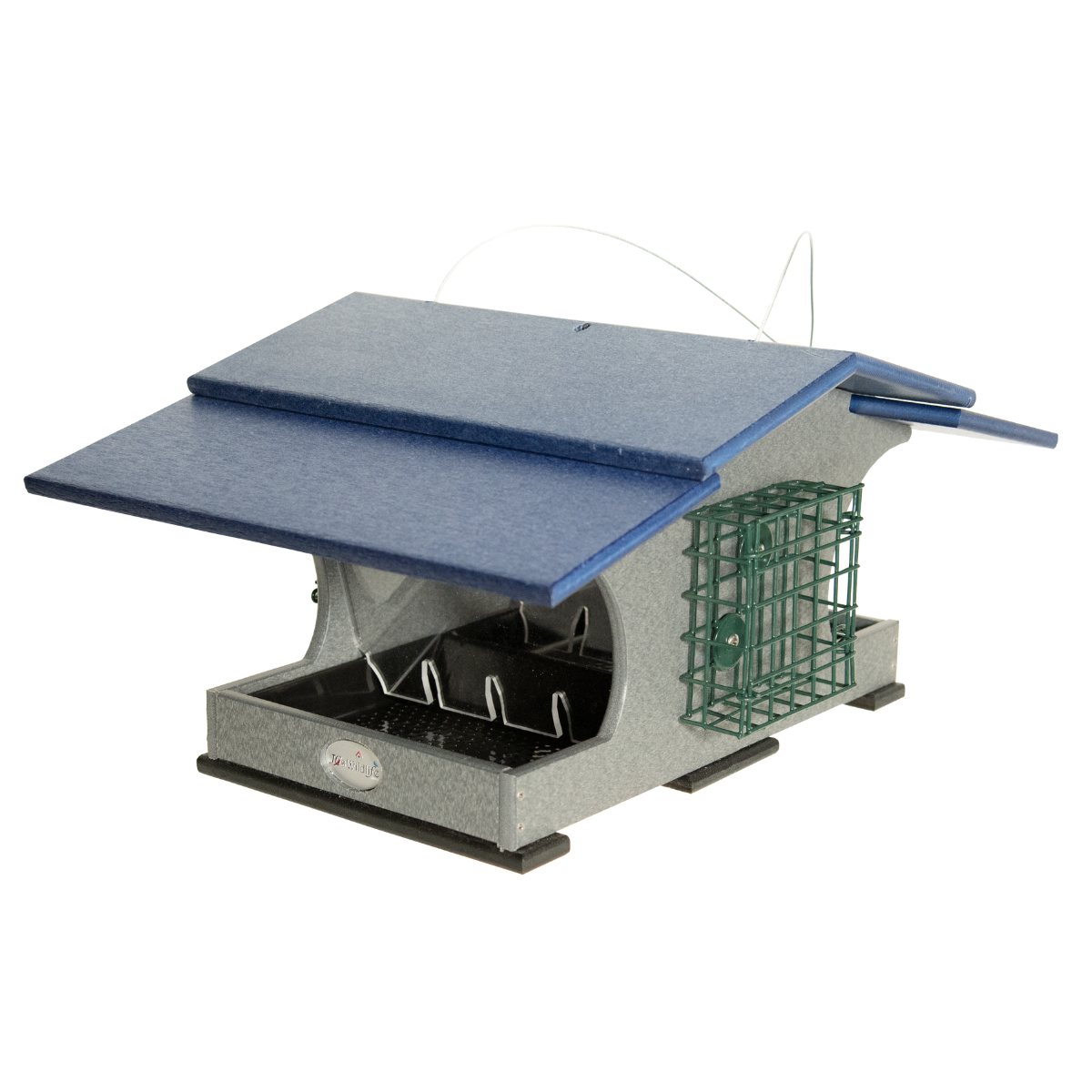 JCS Wildlife Hopper and Suet Feeder with large hopper and suet cage, made from recycled poly lumber.