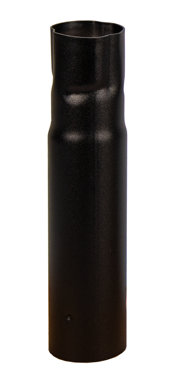 Product shot of a black metal downspout section showing a slightly textured surface and crimped top and bottom edges