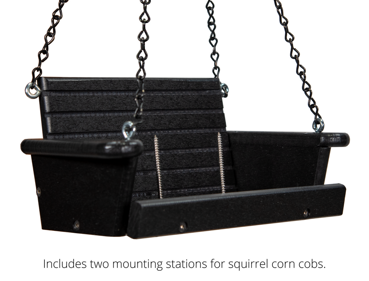Product photo black plastic squirrel feeder swing with two mounting stations silver screws and black chains