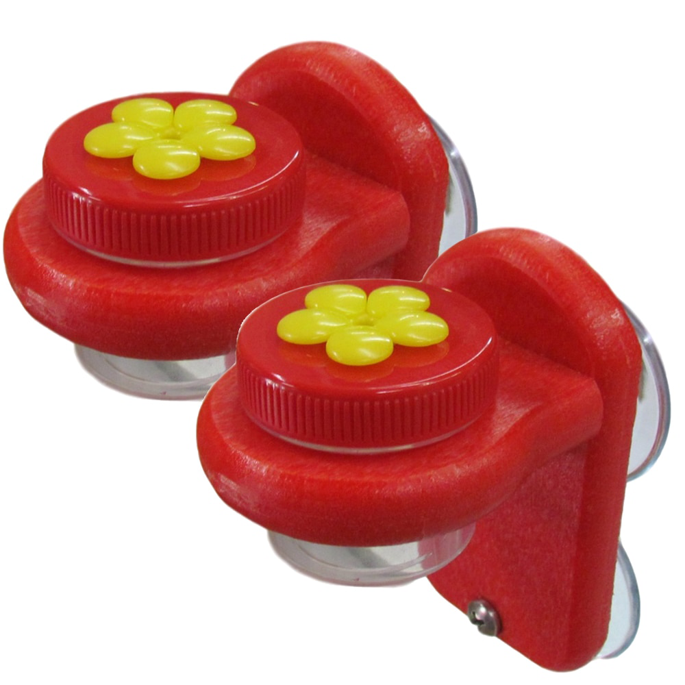 Nectar DOTS Window Hummingbird Feeder in yellow and red with two large DOTS and handmade recycled poly lumber holder.