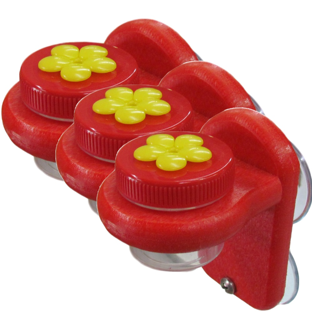 Nectar DOTS large window hummingbird feeder set in yellow and red with 2 large DOTS and handmade recycled poly lumber holder.