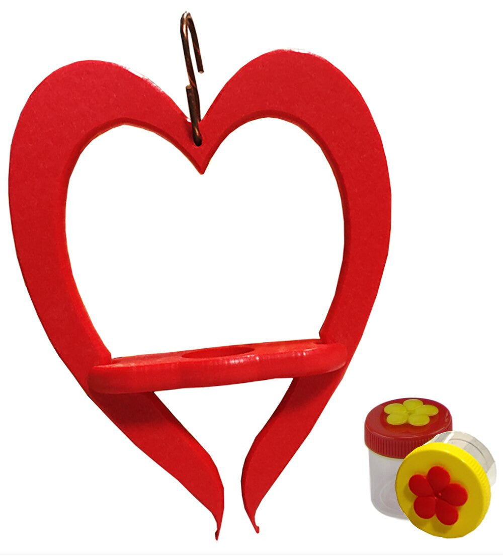 Handmade wooden heart-shaped hummingbird feeder with a small perch vibrant red color and two included yellow flower-topped jars for nectar.