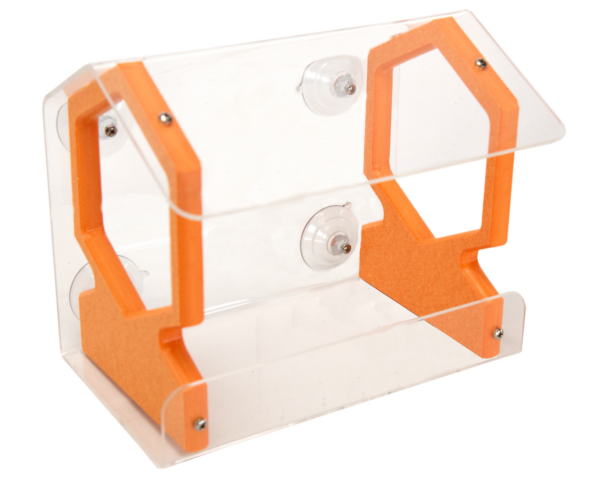 Product shot of an acrylic and orange wood bird feeder with suction cups and hexagonal cutouts showing screws and a clear protective cover.
