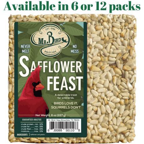 Mr. Bird Safflower Feast 8 oz wild bird seed cake, perfect for attracting cardinals and other backyard birds.