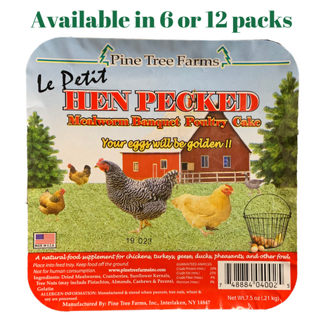 Pine Tree Farms Le Petit Hen Pecked Mealworm Poultry Cake packaging showcasing natural poultry food benefits.
