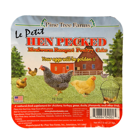 Pine Tree Farms Hen Pecked Mealworm Banquet Poultry Cake packaging, 7.5 oz for chickens and other fowl.
