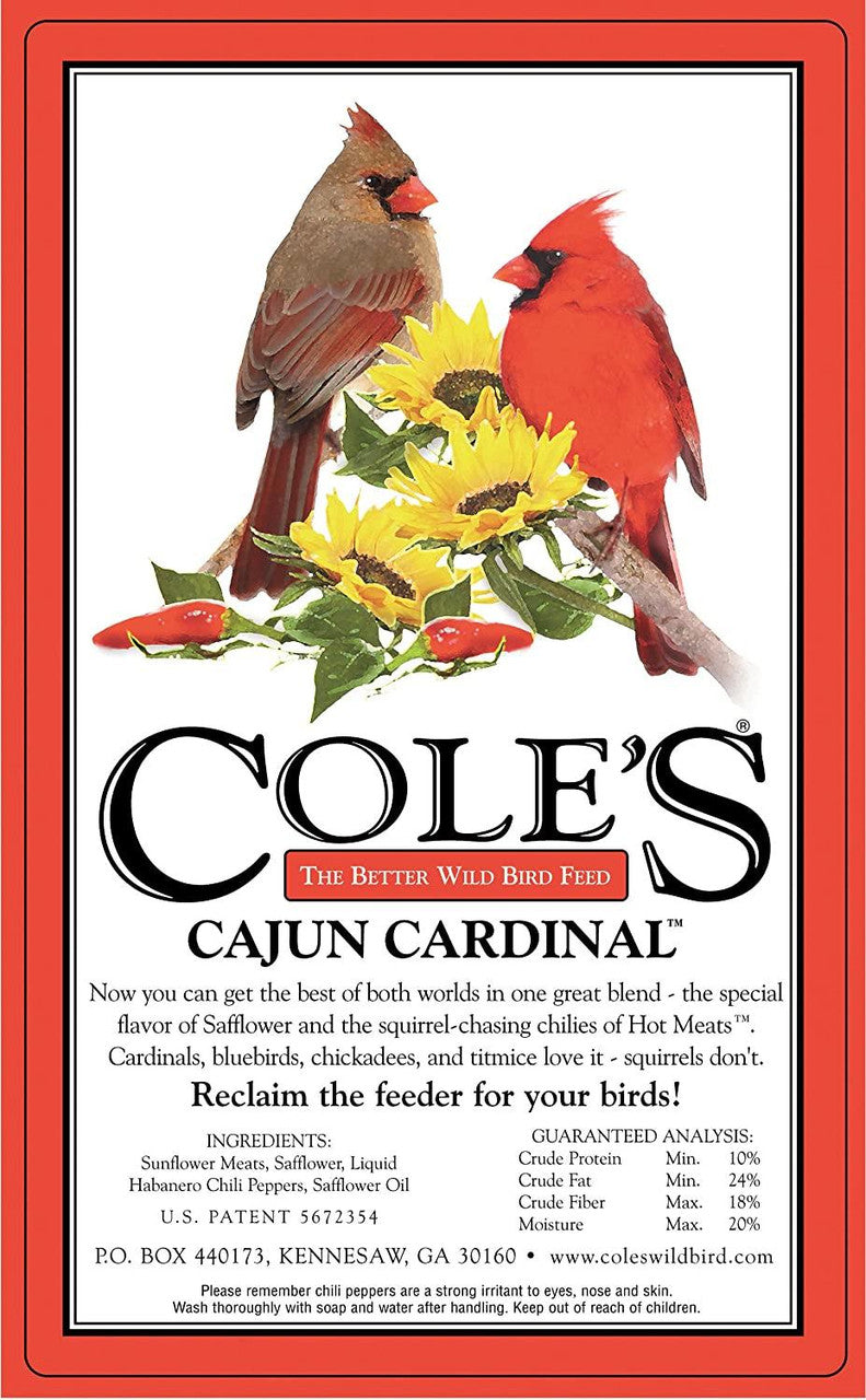 Cole's Cajun Cardinal Bird Seed package featuring cardinals and sunflower, perfect for attracting wild birds.