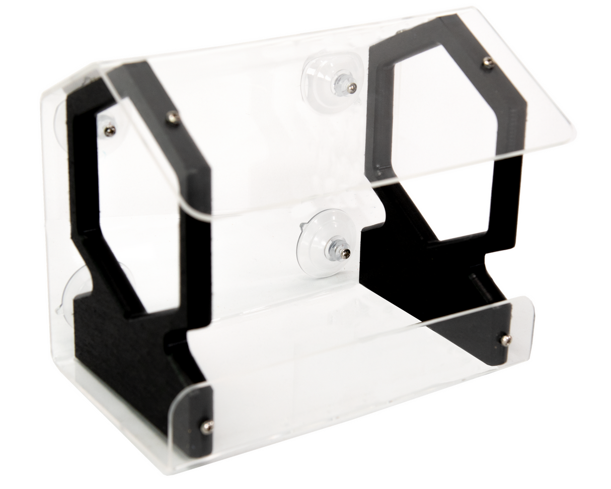 Product shot of a clear acrylic and black plastic hummingbird feeder with suction cups and hexagonal design details showing screws and a protective roof