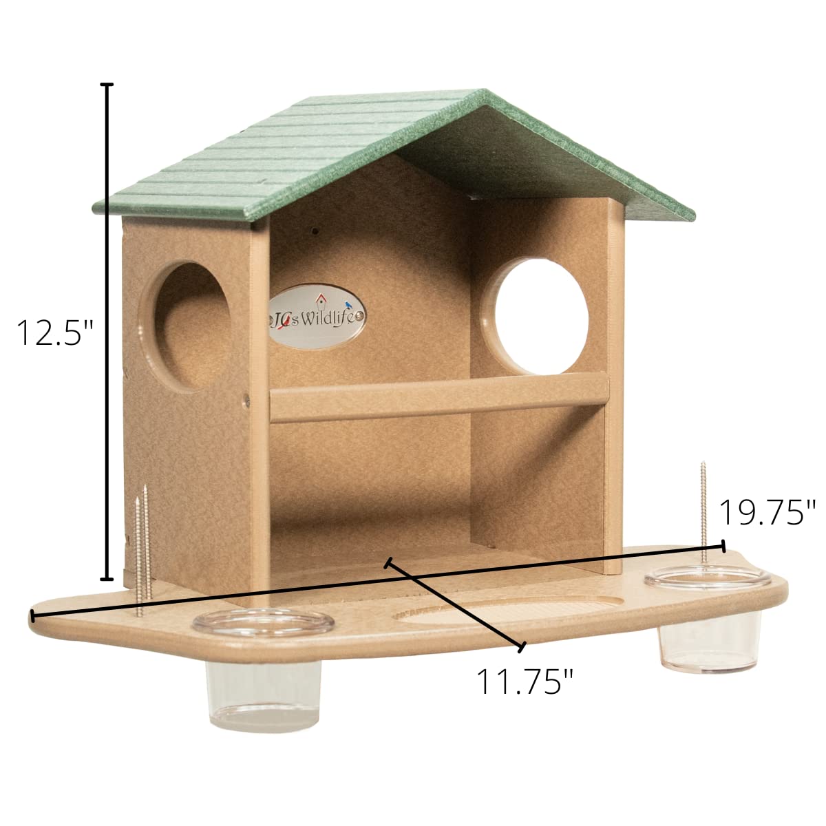 JCS Wildlife Squirrel Snack Station with water cups, designed for feeding squirrels, eco-friendly material, dimensions shown.