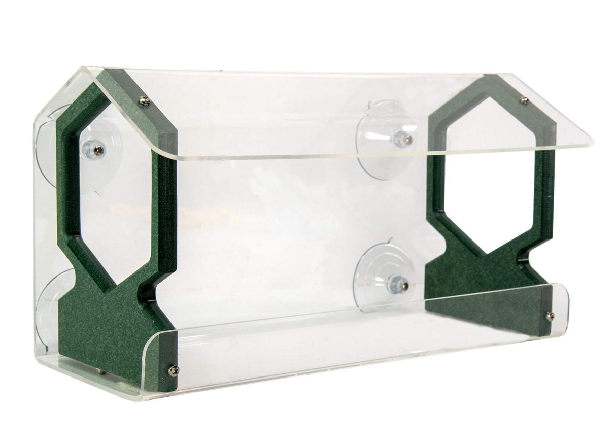 Product shot of an acrylic and dark green plastic bird feeder featuring a clear acrylic body, four suction cups, and hexagonal cutouts for bird access.