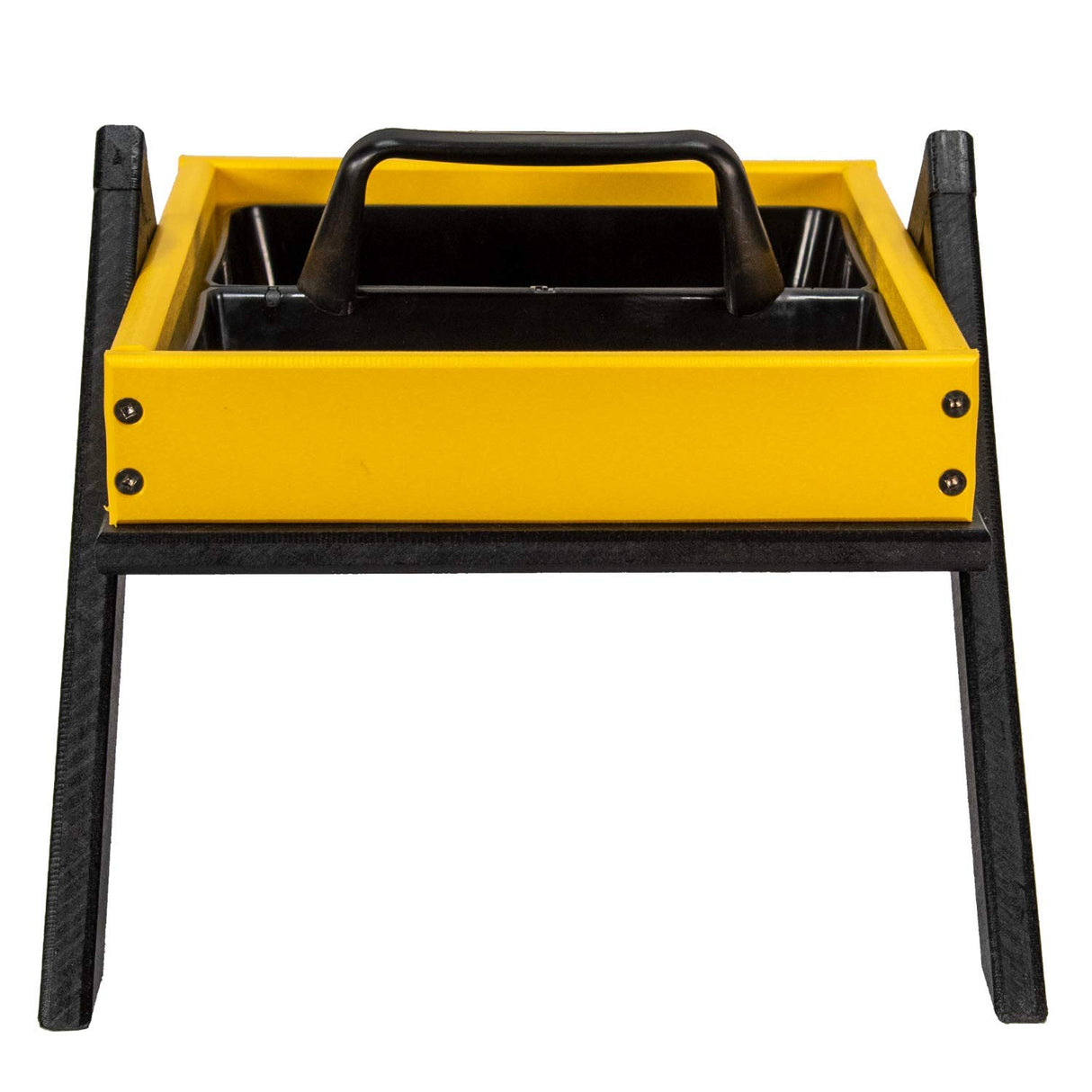 Product photography of a black and yellow plastic parts organizer with a carrying handle and two removable trays showing visible screws