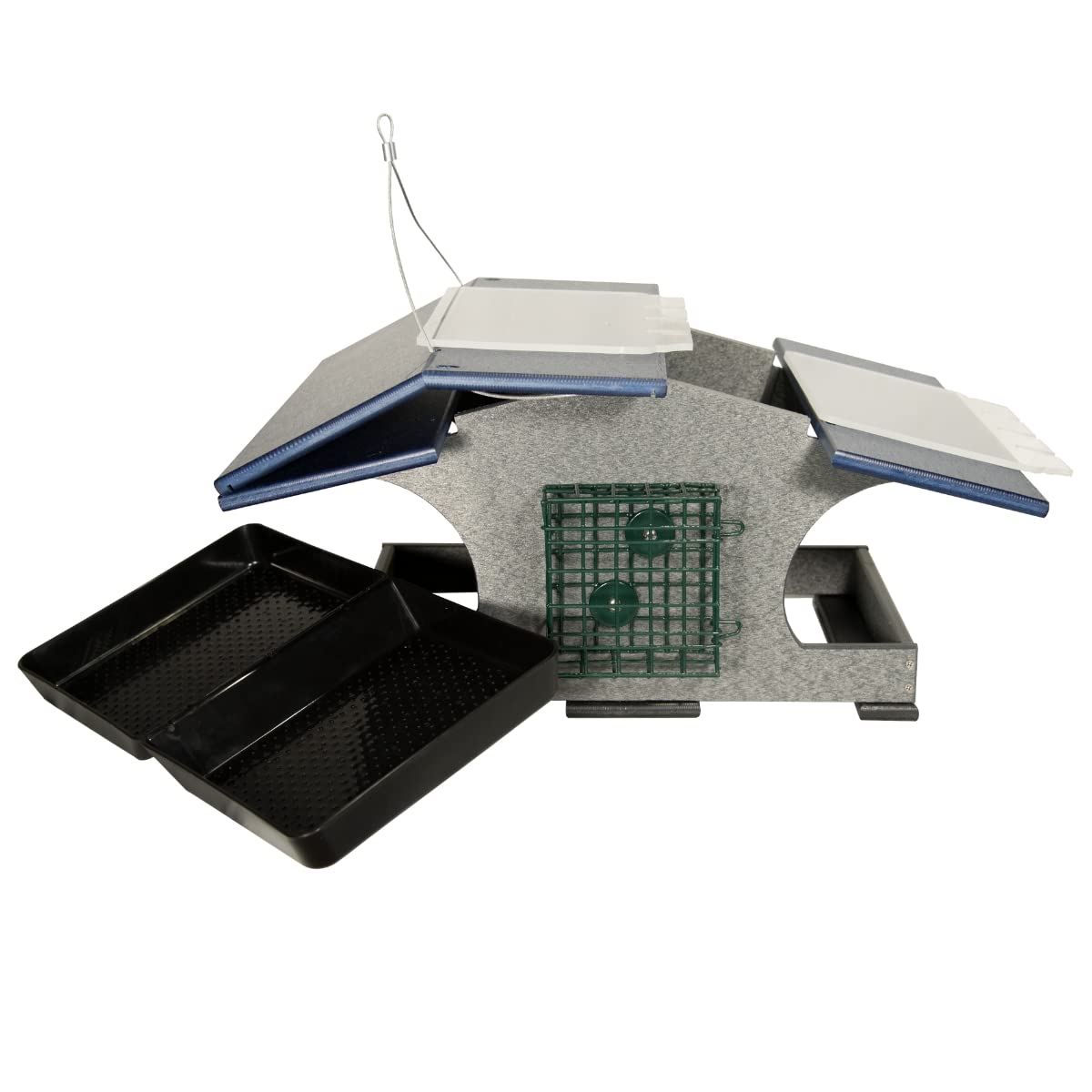 JCS Wildlife Hopper and Suet Feeder with dual trays and suet cage, made from recycled materials, easy to clean and refill.