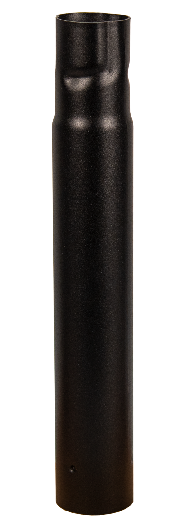 Product shot of a black metallic cylindrical object showing a slightly textured surface small holes near the bottom and a slightly flared top edge