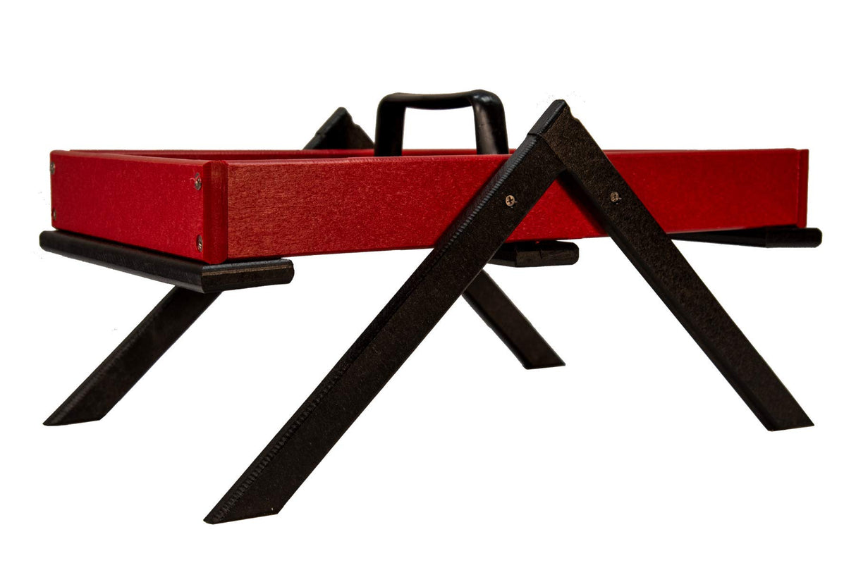 Red wooden tray with black stand featuring a sturdy handle and visible screw details on a white background