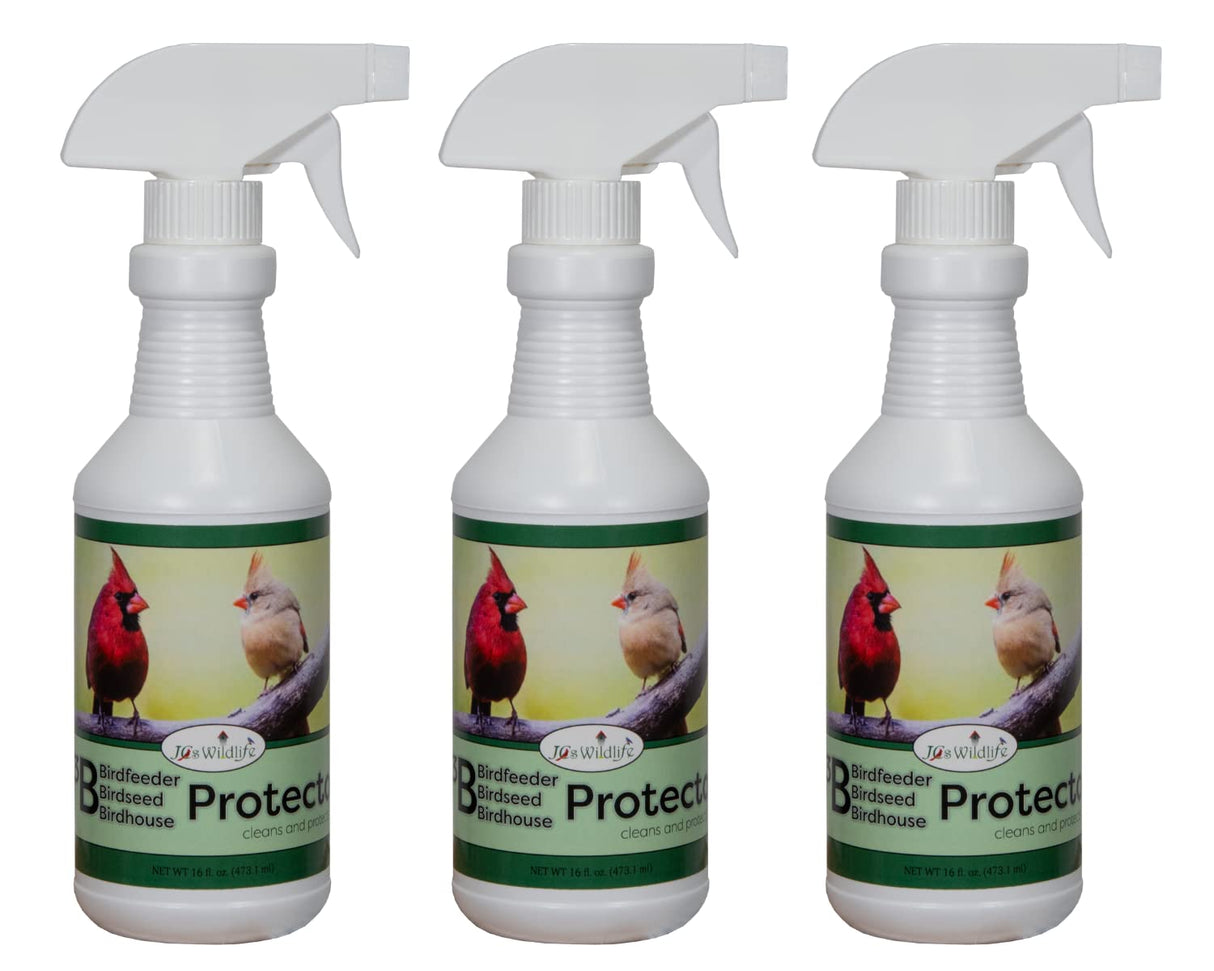 JCS Wildlife 3B Bird Seed, Bird Feeder, and Birdhouse Protector 16 oz. Spray bottles on display.