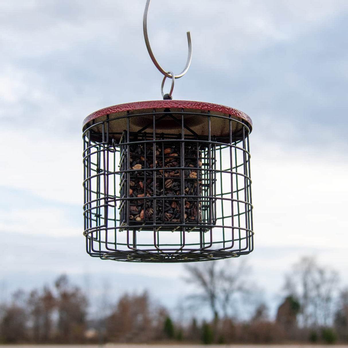 Squirrel Stopper Round Squirrel Proof Suet Feeder hanging outside against a cloudy sky, designed for smaller birds.