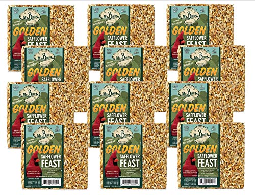 Twelve packages of Mr. Bird's Golden Safflower Feast birdseed blocks featuring a red cardinal and green mountain imagery with golden safflower seeds and a rustic label design