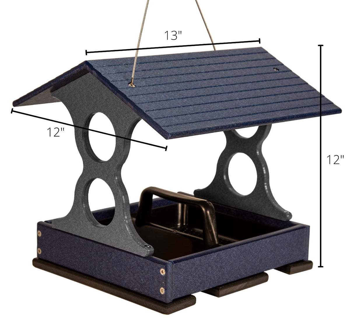 Recycled plastic bird feeder with a navy blue roof and gray supports showing dimensions 12x12x13 inches featuring a removable tray and drainage holes