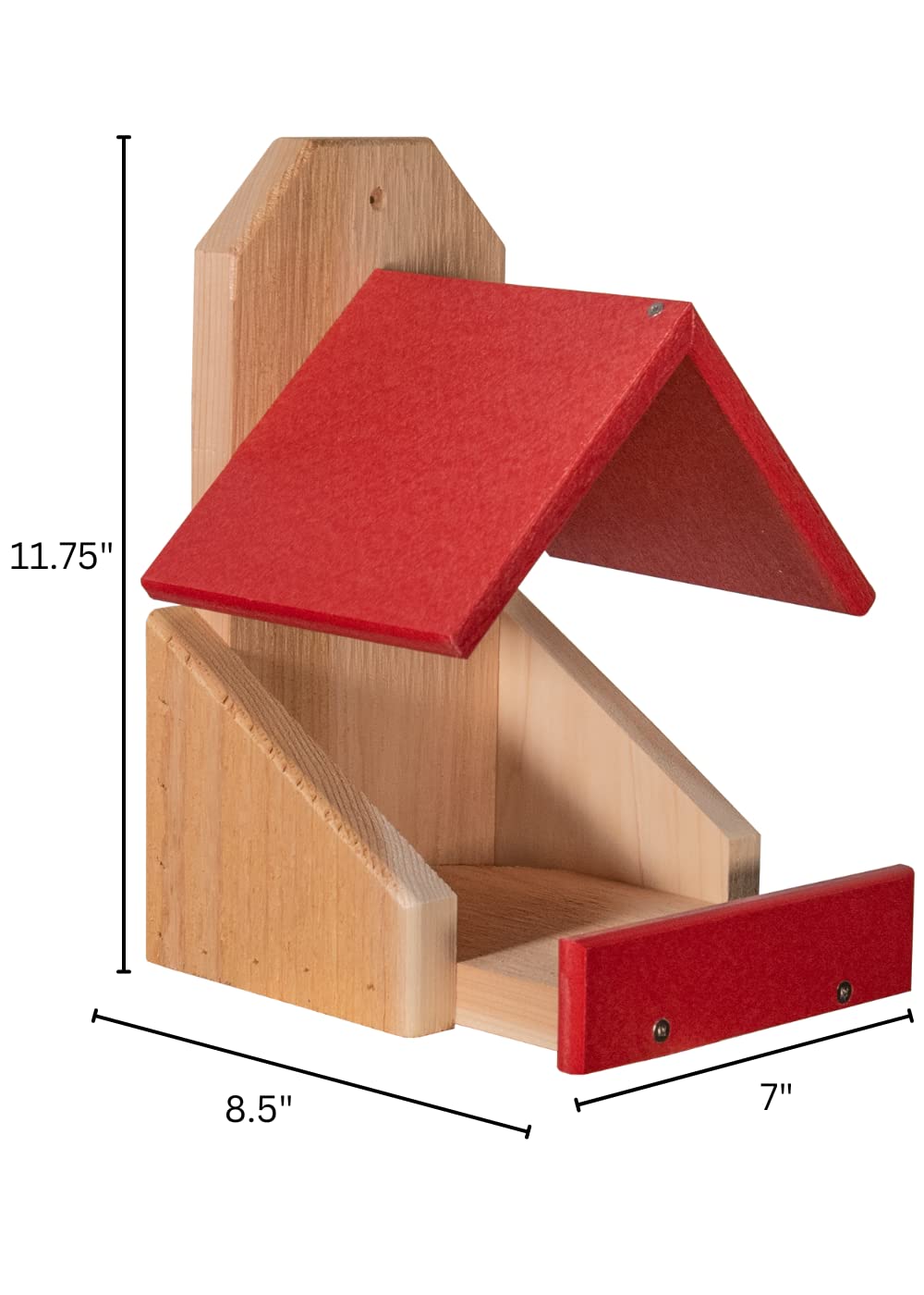 Wooden bird feeder with a bright red roof and perch, showcasing a natural wood design and featuring small, visible screws for assembly.