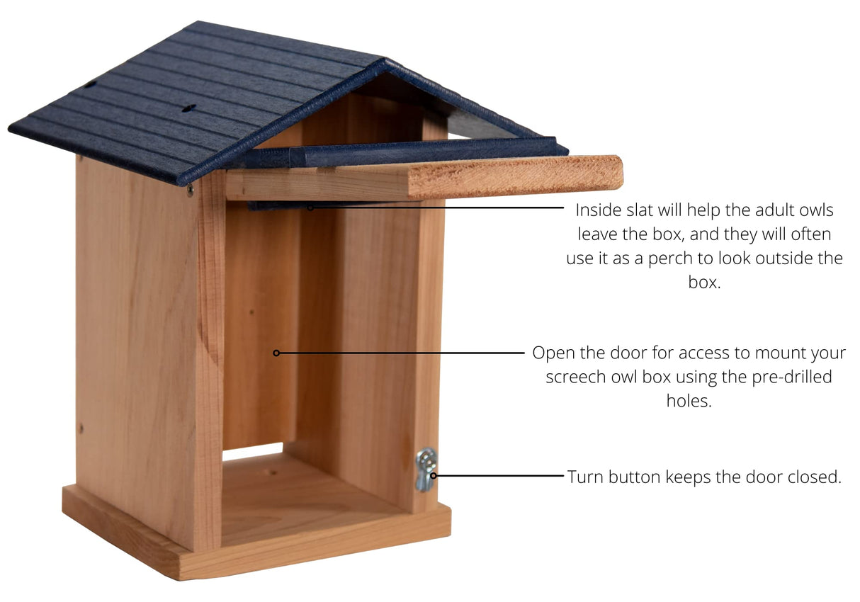 JCS Wildlife Cedar Screech Owl Nest Box with Poly Lumber Roof showing interior access and features for attracting Screech Owls.