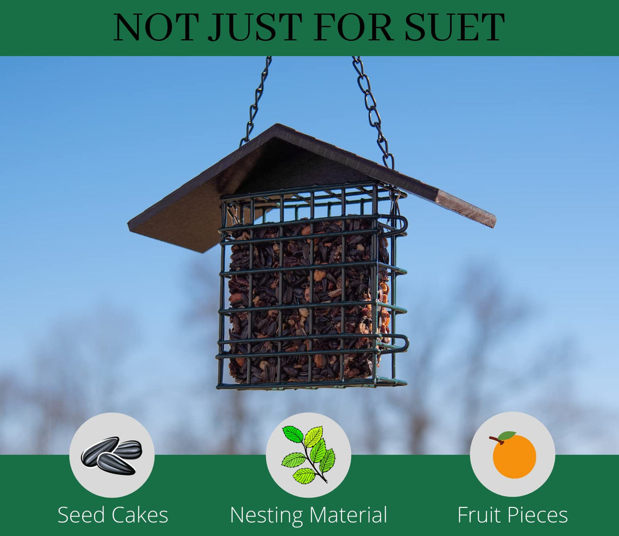 JCS Wildlife Single Suet Cage with Poly Lumber Roof feeder for seed cakes, nesting material, and fruit pieces