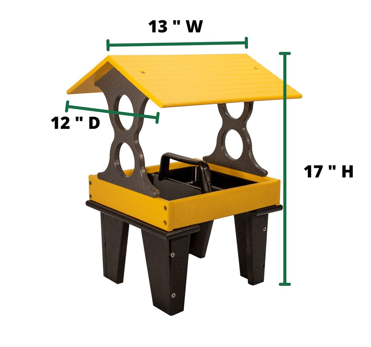 Diagram of a yellow and black plastic bird feeder with a peaked roof showing dimensions 17 inches high 13 inches wide and 12 inches deep