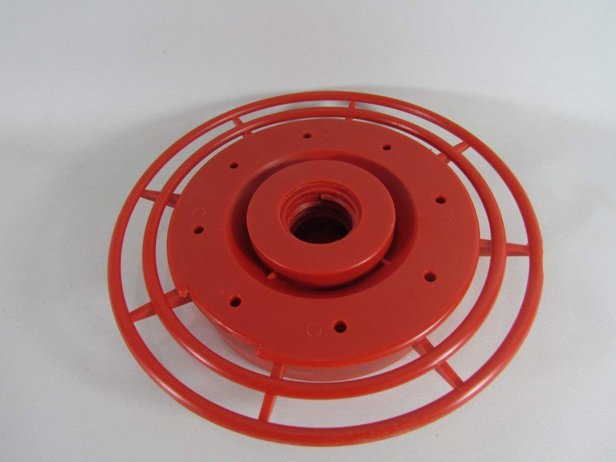Plastic hummingbird feeder base showing a bright red color concentric circles and small perches for birds against a white background