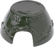 Ceramic toad house garden ornament featuring a dark green glaze toad silhouettes and the words Toad House embossed on the top