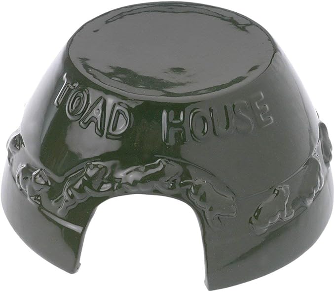 Ceramic toad house garden ornament featuring a dark green glaze toad silhouettes and the words Toad House embossed on the top