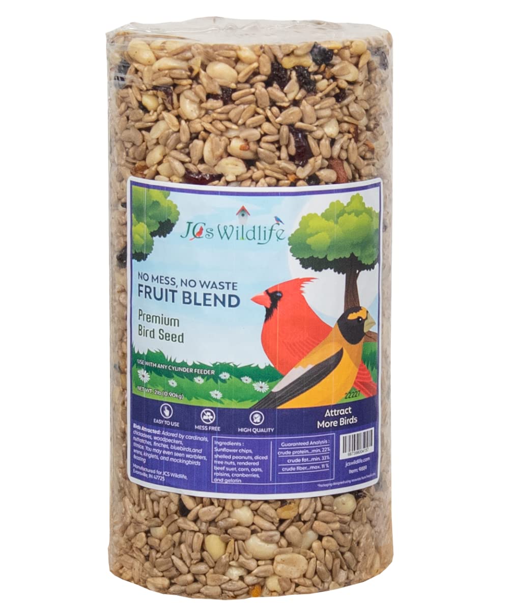 JCS Wildlife No Mess, No Waste Fruit Blend Premium Bird Seed Cylinder, 2 lb for attracting backyard birds.